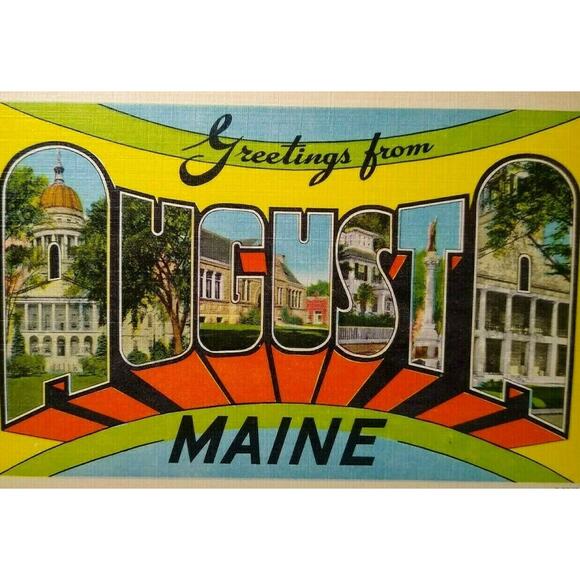 Greetings From Augusta Maine Big Large Letter Rainbow Postcard Linen E-8649 - Picture 1 of 3